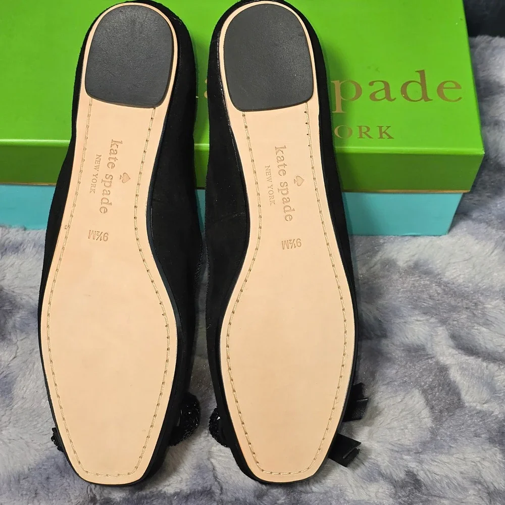 NWB Kate Spade Freya Ballet Flats Black Suede Crystal Bow‎ Women 9.5